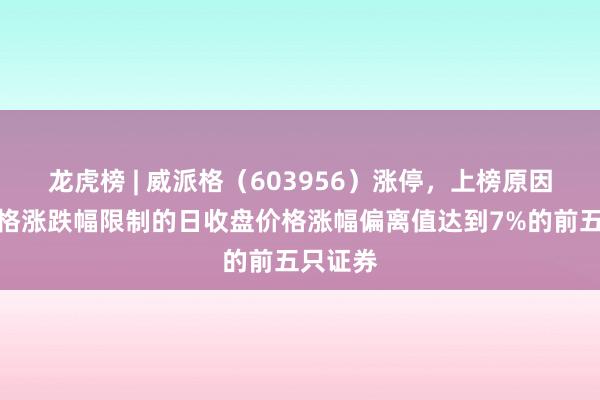 龙虎榜 | 威派格（603956）涨停，上榜原因：有价格涨跌幅限制的日收盘价格涨幅偏离值达到7%的前五只证券