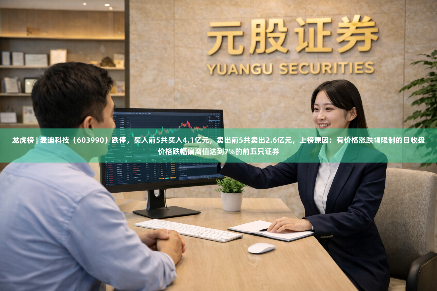 龙虎榜 | 麦迪科技（603990）跌停，买入前5共买入4.1亿元，卖出前5共卖出2.6亿元，上榜原因：有价格涨跌幅限制的日收盘价格跌幅偏离值达到7%的前五只证券
